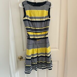 Striped Yellow and Navy Belted Dress